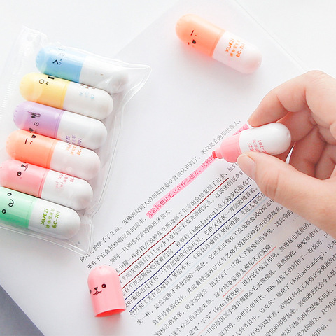 6 Pcs/lot Capsules Highlighter Vitamin Pill Highlight Marker Color Pens Stationery Office School Supplies ► Photo 1/6
