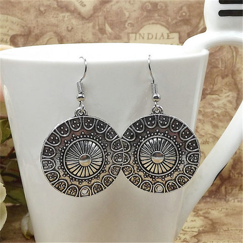Lusion Jewelry Vintage Tibetan Sliver carving Round Drop Earring For Woman Retro Long Cheap Dangle Earrings Bohemian Accessories ► Photo 1/6
