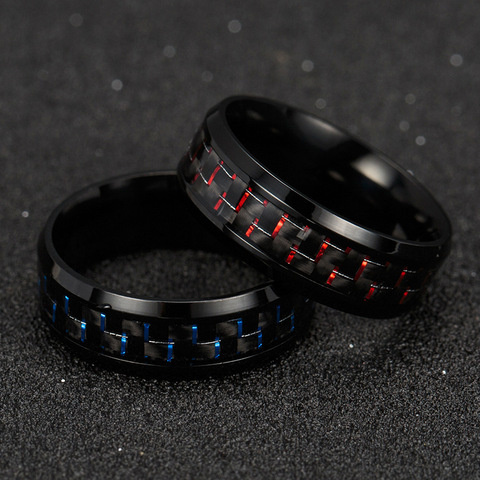 2022 Titanium Steel Black Carbon Fiber Rings Fashion Red Blue Ring Anel Masculino Mens Cool Jewelry ► Photo 1/6