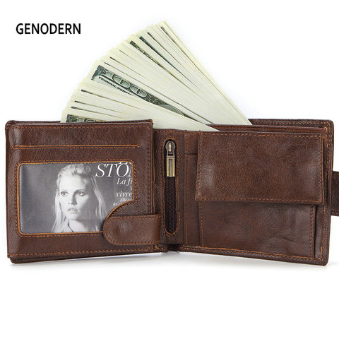 GENODERN New Wallet with Buckle for Men Genuine Leather Men Wallets Brown Male Purse Card Holder ► Photo 1/6