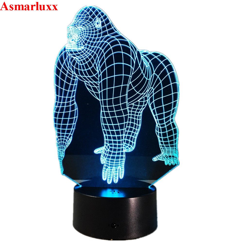 3D Gorilla Ape Animal Acrylic Visual Table Night Light 7 Color LED Desk Lamp