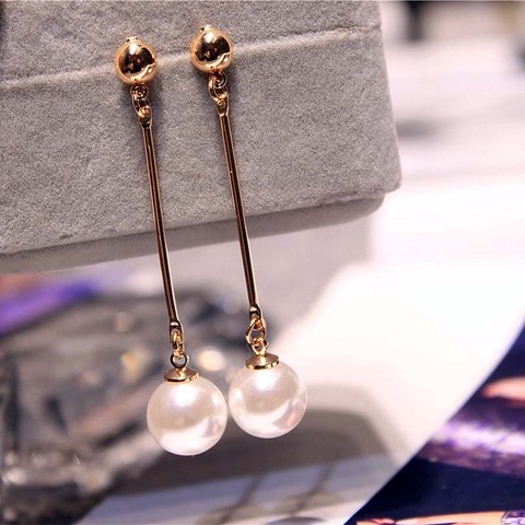 Korean Simulated Pearl Long Tassel Bar Drop Earrings For Women OL Style Sweet Dangle Brincos Party Jewelry Gift Wholesale EB478 ► Photo 1/5