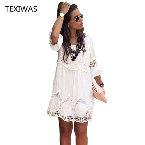 TEXIWAS Plus Size S - 6XL Women Summer Dress Fashion Half Sleeve Loose Lace Dress 2022 White O-neck Women Dress ► Photo 1/6