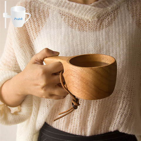 9.2oz 270ml Finland Kuksa Portable Coffee Mug Rubber Wood Handle Two Hole Cowhide Rope Hook Juice Milk 6*15cm ► Photo 1/6