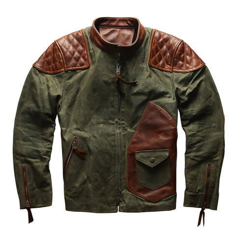 1937 Read Description! Asian size Army style genuine cow leather canvas coat cowhide leather wax water proof jacket ► Photo 1/6