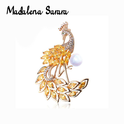 MADALENA SARARA AAAA Zircon And Crystal Inlaid Pearl Brooch Gol Plated Copper Peacock Style Fine Brooch Pin For Women Jewelry  ► Photo 1/1