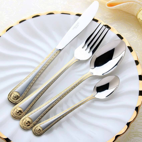 4 Pcs/Set Stainless Steel Cutlery Gold Plated Dinnerware Knife Fork Spoon  Kit