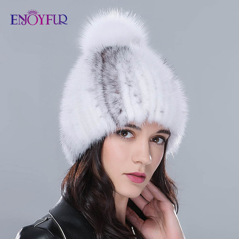 Real mink fur hats for winter women fur cap with fox fur pom pom top new sale high quality luxury female knitted beanies ► Photo 1/6