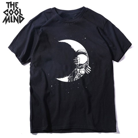 COOLMIND 100% cotton short sleeve cool moon print men T shirt casual loose men Tshirt o-neck t-shirt cool men tee shirts mo0166 ► Photo 1/6