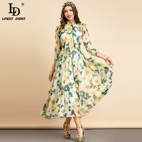 LD LINDA DELLA 2022 Summer Fashion Runway Vacation Chiffon Dress Women Bow Collar Floral Print Holiday Party Elegant Midi Dress ► Photo 1/4