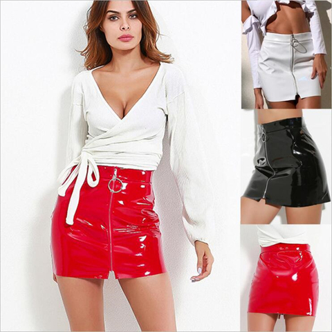 Women Fashion Sexy High Waist Circle Zipper Shiny Skirts PU Leather Mini Short Pencil Casual Solid White Red Black Skirt ► Photo 1/6