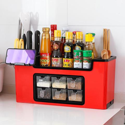 Kitchen Storage Racks Plastic Seasoning Bottle Storage Box Kitchen Knife Brush Jar Spoon Organizer Holder Case Kitchen Gadgets ► Photo 1/6