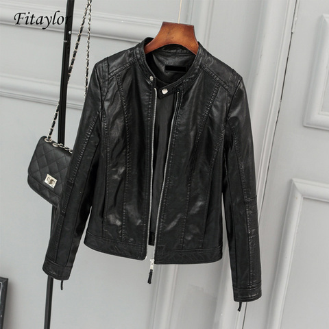 Fitaylor New Women Faux Leather Jacket Biker Coat Spring Autumn Black Zippers Outwear O Neck Slim Motorcycle Pu Leather Jackets ► Photo 1/6