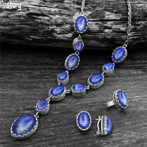 Vintage Natural Lapis Lazuli Necklace Ring Stud Earring Jewelry Sets Antique Silver Plated Quartz Unakite Stone Quartz Set ► Photo 1/6