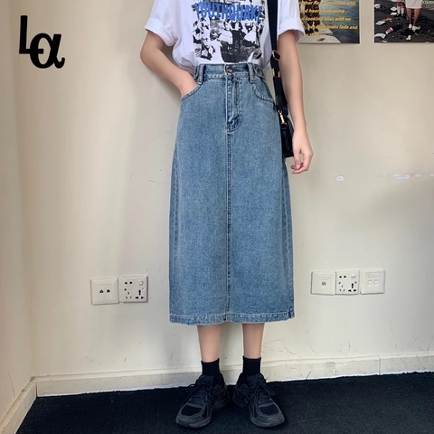 Luck A Retro Long Midi Denim Skirts Women High Waist Button Pockets Split Jeans Straight Skirts Plus Size Autumn Spring Bottoms ► Photo 1/6