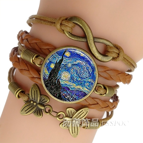 Van Gogh Bracelet Starry Night Art Jewelry Brown Leather Bracelet Men Women Fashion Glass Cabochon Chain Bracelet ► Photo 1/6