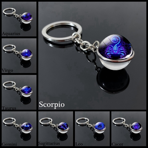 Double-sided glass ball zodiac sign keychain metal keychain holder couple keychain gift constellation jewelry ► Photo 1/6