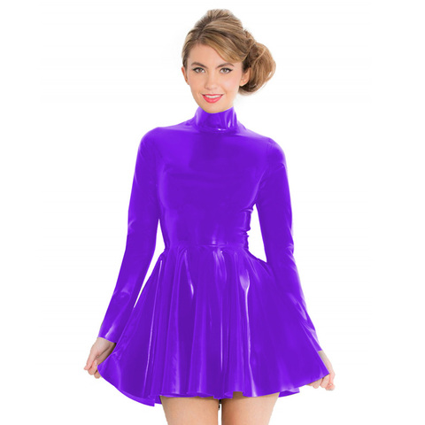 6XL High Quality PVC Turtleneck Mini Dress Women Sexy Bodycon Skater Dress Pleated Long Sleeve Back Zipper Performance Clubwear ► Photo 1/6