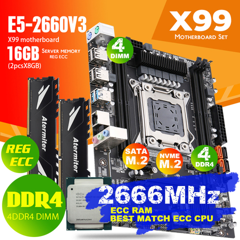 Atermiter X99 D4 Motherboard Set With Xeon E5 2660 V3 LGA2011-3 CPU 2pcs X 8GB =16GB 2666MHz DDR4 Memory REG ECC RAM ► Photo 1/5