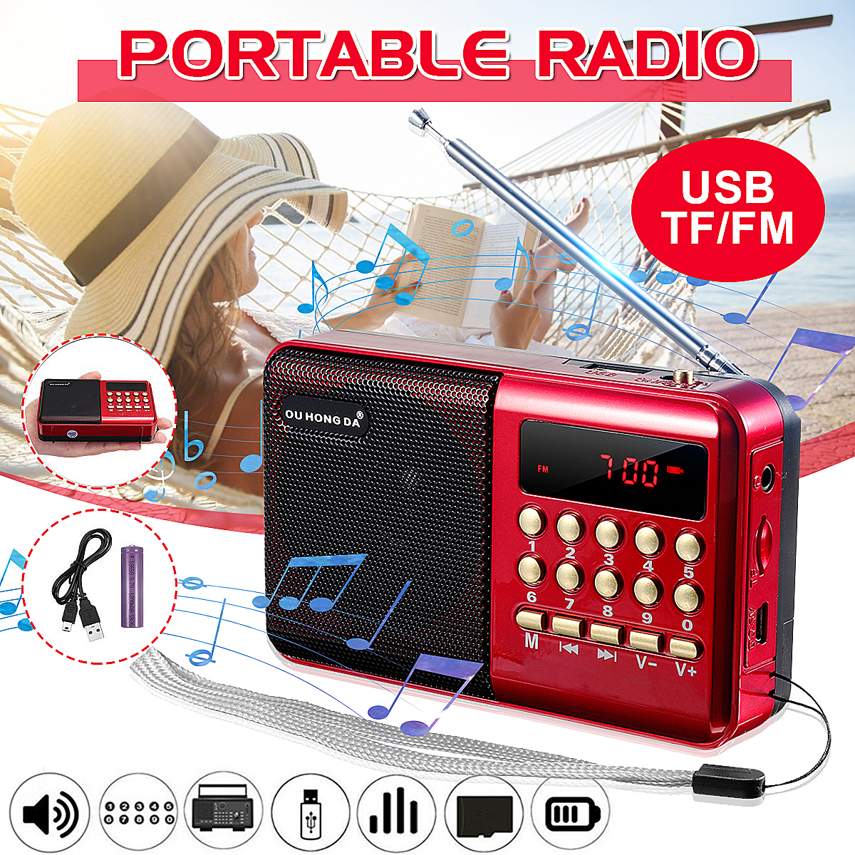 Mini 3W Portable TFT Radio Music Speaker Support FM MP3 USB Charger 18650 Battery ► Photo 1/6