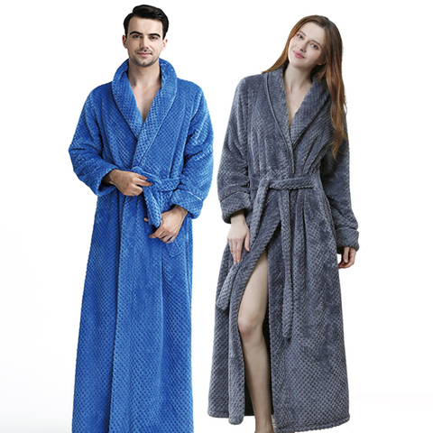 Men Winter Extra Long Knitted Waffle Flannel Coral Fleece Bathrobe Male Full Sleeve Kimono Bath Robe Women Warm Dressing Gown ► Photo 1/6