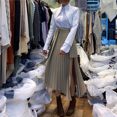 Spring 2022 Irregular Sashes Mid Calf Women Pleated Skirt Khaki Pleated Skirt Vintage High Waist Casual Skirts Female Faldas New ► Photo 1/6