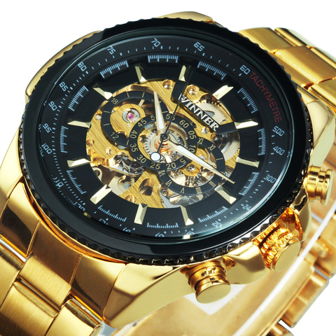 WINNER Top Brand Luxury Men Auto Mechanical Gold Watch Silver Big Case Military Stainless Steel Skeleton Male Wristwatch Gift ► Photo 1/6