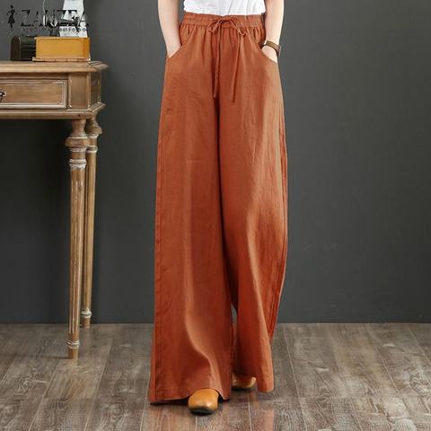 ZANZEA Women Summer Elastic Waist Loose Solid Pants Ladies Cotton Linen  Trousers