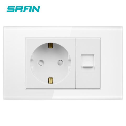 SRAN EU socket and rj45 socket ,with white pearl crystal glass panel 118mm*72mm internet outlet with power socket ► Photo 1/2