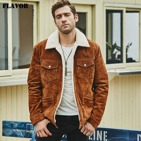 FLAVOR New Men's Real Leather Jacket Genuine Leather With Faux Shearling Warm Coat Men ► Photo 1/6