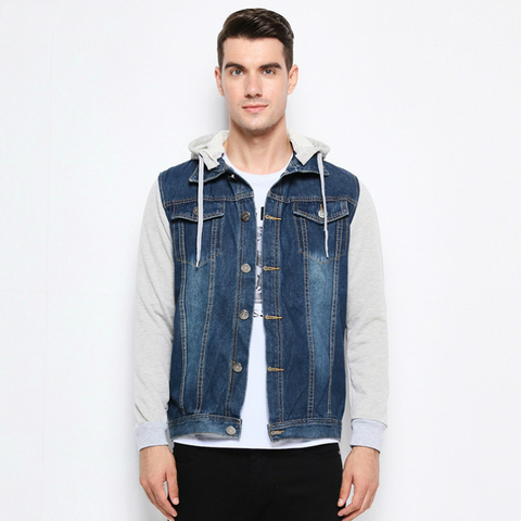 Denim Jacket Men Hooded Jeans Jackets Mens Fashion Patchwork Hoodies Casual Cowboy Mens Jacket Streetwear Mens Jackets and Coats ► Photo 1/1