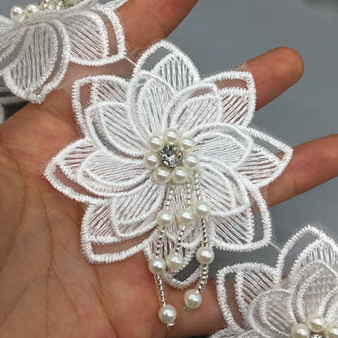 10pcs White Pearl Rose Flower Embroidered Lace Trim Ribbon Fabric Sewing Craft For Costume Wedding Dress Decor 7.5CM ► Photo 1/6