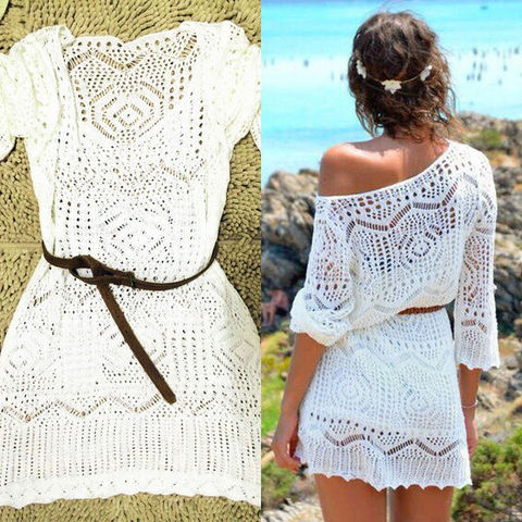 Summer Sexy Lace Crochet Beach Dress Women White See Through Swimwear Swimsuit Cover Up Mini Dress ► Photo 1/5