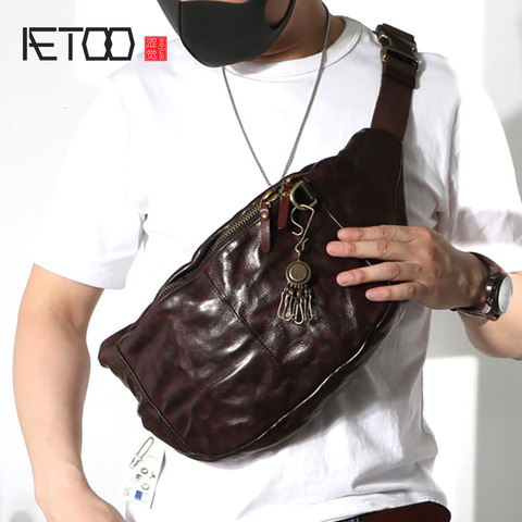 AETOO Handmade head-layered men's chest bag, leather shoulder bag, old pleated men's purse ► Photo 1/6