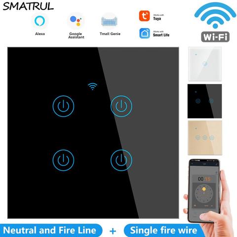 SMATRUL WiFi Touch Glass Wall Switch Light No Neutral Wire EU UK 1/2/3/4 Gang 220V Smart Life  APP Timer Tuya Google Home Alexa ► Photo 1/6