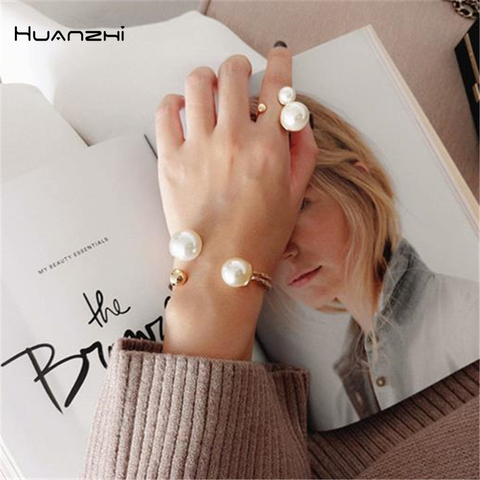 HUANZHI 2022 Geometric Asymmetry Pearl Double Layer Opening Adjustable Simple Jewelry Bangle for Women Girls Vacation Bracelet ► Photo 1/6