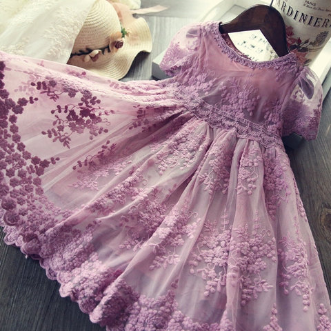 Girls Dress Embroidery Princess Party Autumn Spring Kids Children Clothes Elegant Purple And White 3-8ys Lace Girls Dresses ► Photo 1/6