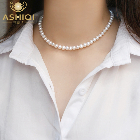 ASHIQI Natural freshwater pearl Chokers necklace 925 sterling silver jewelry for women gift new fashion ► Photo 1/6
