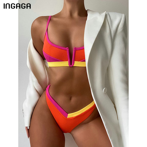 INGAGA Sexy Bikinis Ribbed Swimsuits Women Swimwear Push Up Bathing Suits Solid Patchwork Beachwear Thong High Cut Biquini 2022 ► Photo 1/4