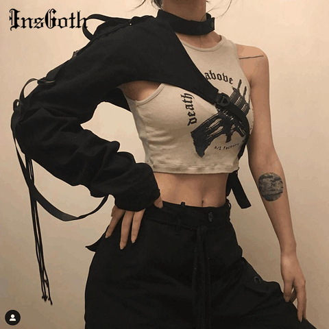InsGoth Women Streetwear Punk Crop Tank Tops Patchwork Long Sleeve Tops Summer Print T-shirts Gothic Style Hipsters Tops ► Photo 1/6