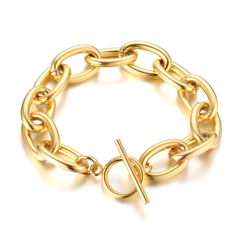 CHUNKY CURB LINK CHAIN WOMEN BRACELET  STAINLESS STEEL ELEGANT GOLD TONE BIG CHAIN TOGGLE BRACELET ► Photo 1/6