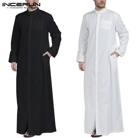 INCERUN Men Muslim Clothes Solid Color Jubba Thobe Long Sleeve Stand Collar Robes Dubai Middle East Men Islamic Arabic Kaftan ► Photo 1/4