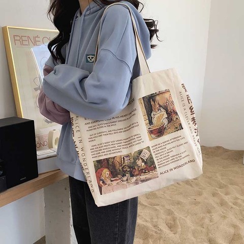 New Design Women Canvas Shoulder Bag Alice in Wonderland Shopping Bags Students Book Bag Cotton Cloth Handbags Tote for Girls ► Photo 1/6