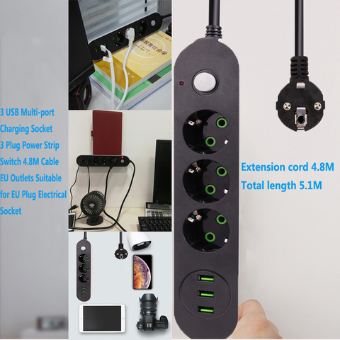 Newest 3 USB Multi-Port Charging Socket 3 Plug Power Strip Switch 4.8M Cable EU Outlets Suitable For EU Plug Electrical Socket ► Photo 1/6