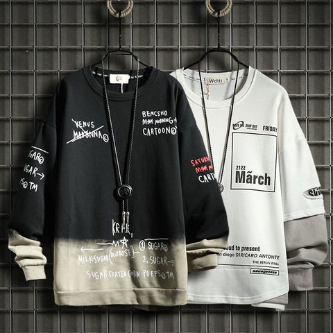 Men Patchwork Hoodie Streetwear Cool Black Print Tops Male Hip Hop Harajuku Sweatshirts Korean Hoody Fashions Black Hoodie ► Photo 1/6