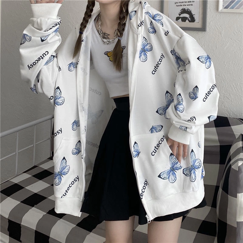 Summer Harajuku Butterfly Hoodie With Zipper Women Sweatshirt  2022 Spring Oversized Hoodies Outerwear Plus Size ► Photo 1/5