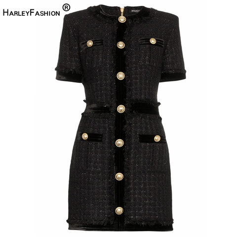 HarleyFashion Luxury Design Women Chic Stylish Short Sleeve Buttons Tweed Straight Mini Skinny Dress Tassel Patchwork Dresses ► Photo 1/2