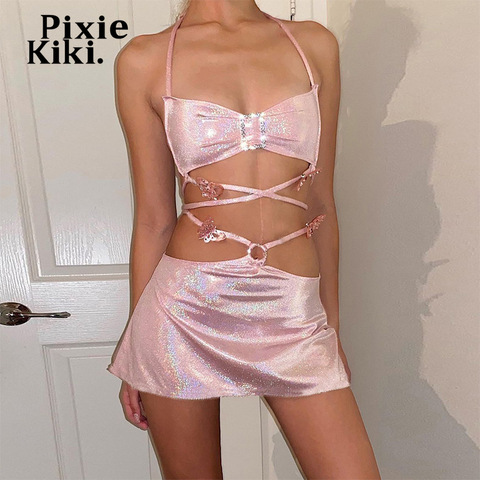 PixieKiki 2022 Glitter Pink Two Piece Set Fairy Grunge Crop Top and Mini Skirt Summer Clothes Sexy Birthday Club Outfits P82CA11 ► Photo 1/6