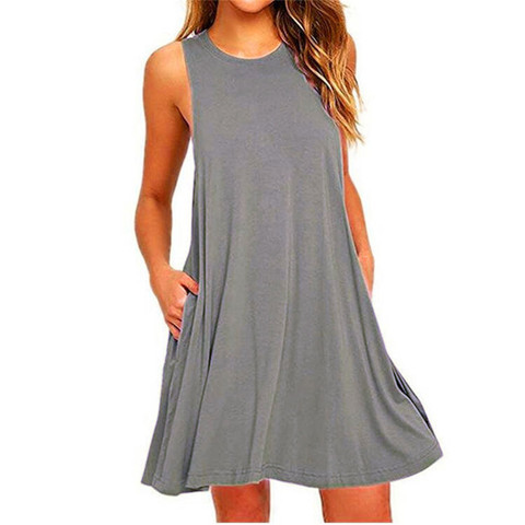 Party Black or Blue Loose pocket Dress Spring Women sleeveless Plus Size round neck Solid Dresses ► Photo 1/6