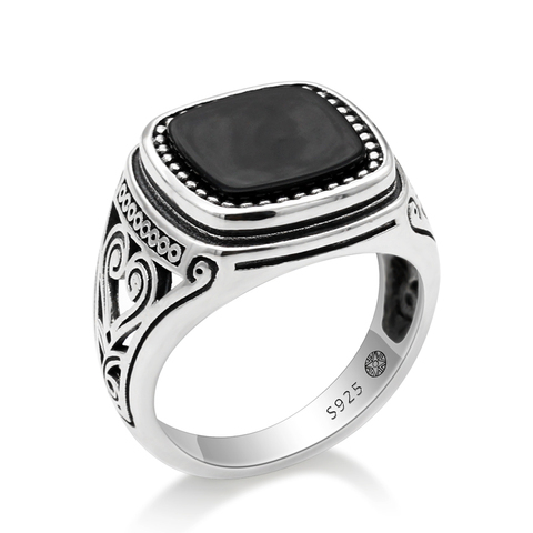 925 Sterling Silver Men Ring with Suqare Natural Stone Carved Design Thai Silver Ring for Women Men Turkish Jewelry ► Photo 1/6